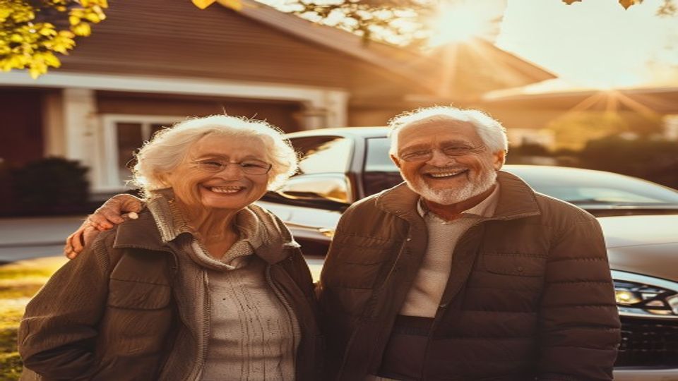 Happy senior couple with their car